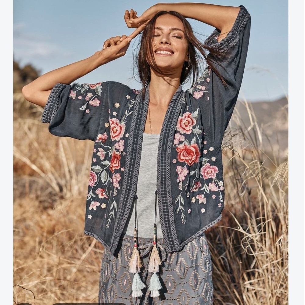 Johnny Was Embroidered Kimono Cardigan Women XS Cupra Rayon Floral Tassel Boho